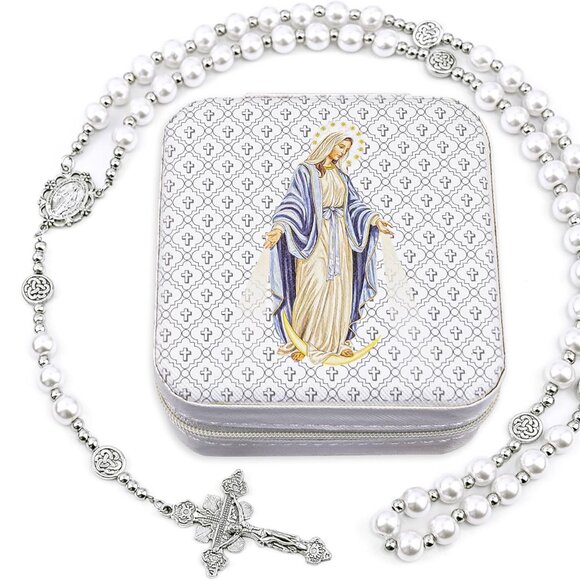 8mm Pearl Rosary Necklace Catholic Jewelry Beaded Necklace for Women - Picture 1 of 6